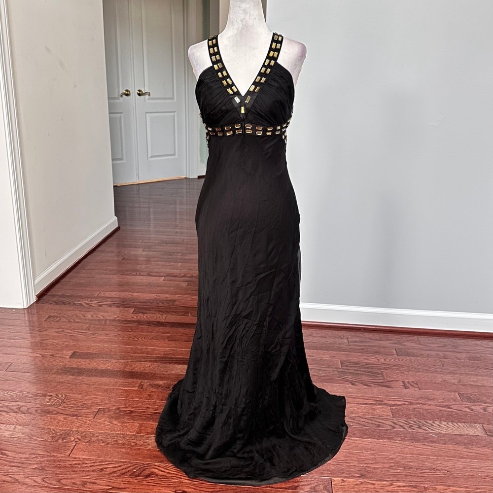 Laundry‎ by Design 100% Silk Black Gold Beaded Embellished Open Back Gown Dress